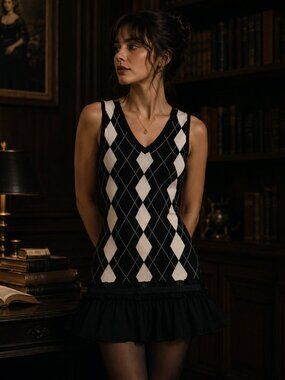 Dark Academia Buffalo David Bitton Mini Dress Argyle Sweater X-Small